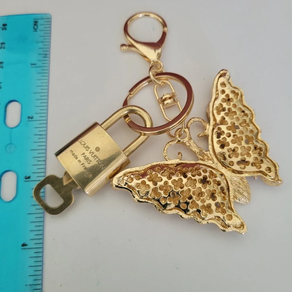 Louis Vuitton Padlock 321 & Jeweled Butterfly Bag Charm Gold Keychain Accessory